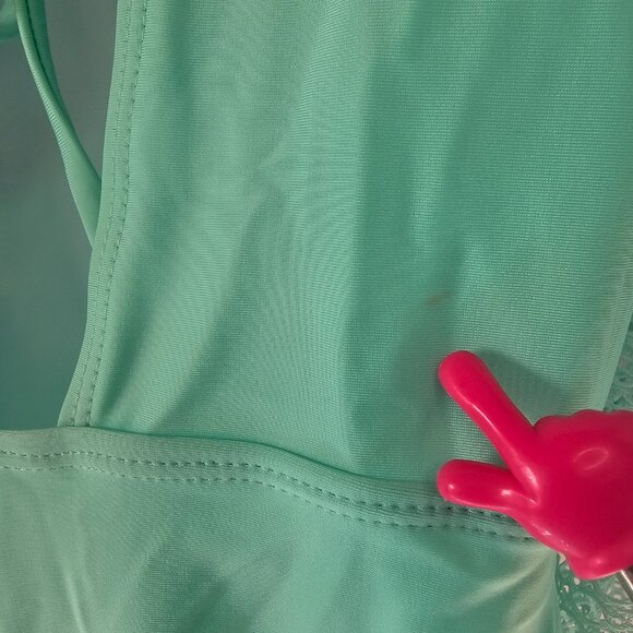 Real Housewives Monstera Netted Sleeve Mint Green Belted One Piece Swimsuit SZ S - Picture 5 of 6
